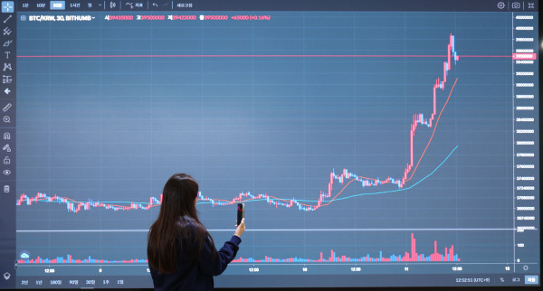 가상자산 대장주 비트코인이 상승세를 보이면서 12일 새벽 4000만원을 돌파했다. 서울 강남구 빗썸고객센터 전광판에 표시된 비트코인 가격 그래프. 연합뉴스