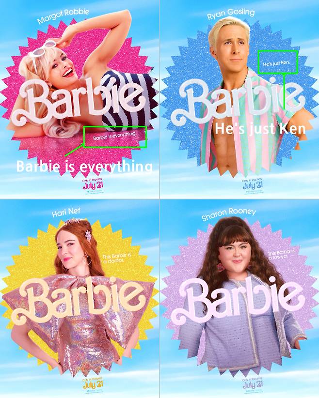 워너브러더스 본사가 공식 트위터를 통해 공개한 외화 '바비' 캐릭터 포스터 24종 중 4종. 워너브러더스 제공