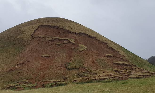 5일 경북 경주시 서악동 고분군 내 봉분 한쪽 경사면이 붉은 흙더미를 드러낸 모습이다. 지난 2022년 9월 태풍 힌남노로 봉분 일부가 무너지는 피해가 발생했다.