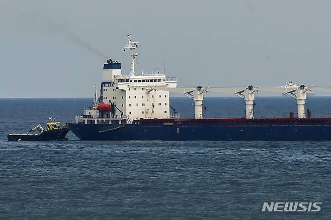 [이스탄불(튀르키예)=AP/뉴시스]러시아, 우크라이나, 튀르키예 및 유엔 관계자들이 탑승한 보트가 2022년 8월3일 튀르키예 이스탄불 앞바다의 흑해 검문소에서 러시아와 우크라이나 간 곡물 선적 협정에 따른 곡물 선적 여부 확인을 위해 시에라리온 국적의 화물선 라조니호로 향하고 있다. 러시아와의 전면 전쟁이 경제를 강타하면서 2022년 우크라이나의 국내총생산(GDP)이 29.1% 감소했다고 우크라이나 국가통계국이 밝혔다고 프랑스24가 13일 보도했다. 2023.04.13.