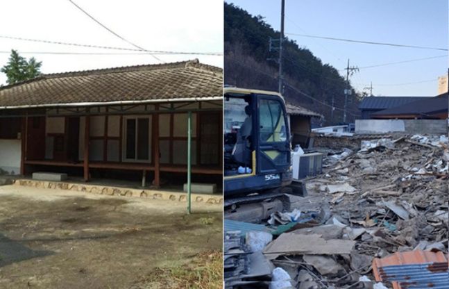 광주의 한 철거업체가 주소를 착각해 잘못 철거한 집의 원래 모습(왼쪽)과 철거 후 집터. 온라인 커뮤니티 캡처