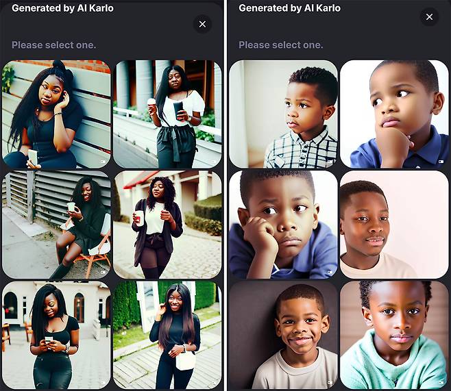 카카오브레인에서 개발한 이미지 생성 AI ‘비 디스커버’에 ‘흑인 소녀'(왼쪽)와 ‘흑인 소년’을 입력하여 이미지를 만들어보았더니 결과는 눈에 띄게 달랐다. ⓒ비 디스커버