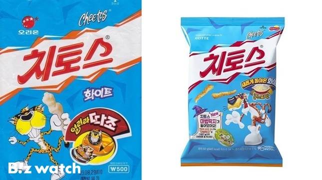 (좌) 오리온 당시의 치토스 화이트, (우) 2018년 롯데제과의 치토스 화이트 / 사진=각사제공