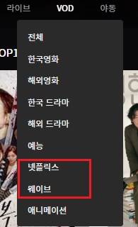 ▲ 누누티비와 유사한 성격의 불법 스트리밍 사이트 메뉴 갈무리. '넷플릭스' '웨이브' 메뉴를 별도로 두고 있다.