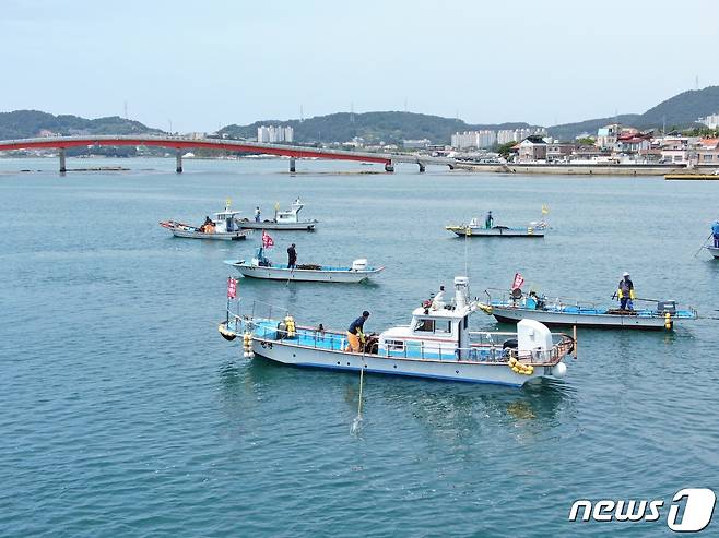 지난해 경남 통영·거제 견내량 해역에서 트릿대로 돌미역을 채취하고 있는 모습.(통영시 제공)