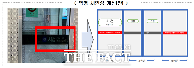 서울시와 서울교통공사가 지하철 역명 시인성 개선에 나선다. 승강장안전문에 도착역명을 표기하는 방식으로 도착역 정보를 쉽게 인식할 수 있도록 했다. /서울시 제공