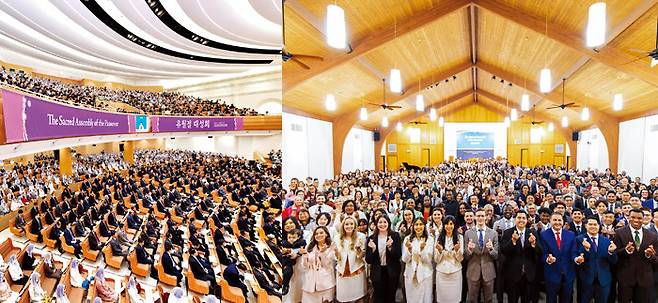 4일 하나님의 교회 새예루살렘 판교성전에서 거행된 ‘유월절 대성회’. 2000여 명이 세족예식과 성찬예식에 경건하게 참여했다(왼쪽). 미국 CA 샌디에이고 하나님의 교회에서 유월절을 지킨 신자들이 한국식 손가락 하트를 해보이며 환하게 웃고 있다. [하나님의 교회]
