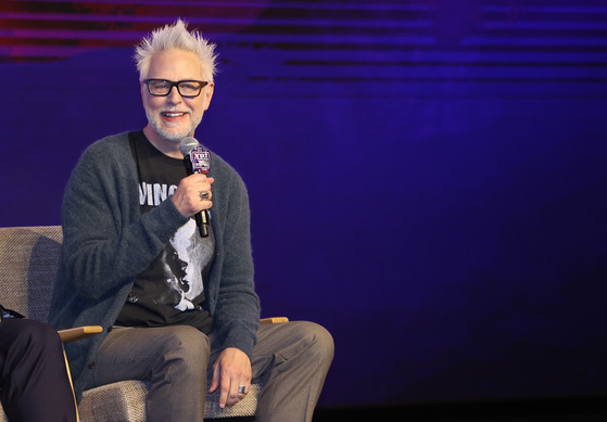 Director James Gunn answers questions from reporters during the press conference for "Guardians of the Galaxy: Volume 3" at the Conrad Seoul in Yeongdeungpo District, western Seoul, on Tuesday. [YONHAP]