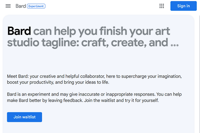 구글이 자사 초거대언어모델(LLM)을 기반으로 하는 챗봇 서비스 바드(Bard)의 이용자를 모집하고 있다. [사진 = 바드 홈페이지 갈무리]