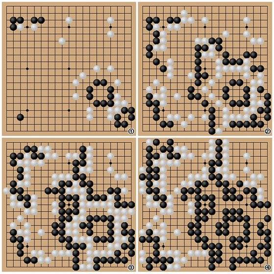 ① 카타고(백)와 인간(흑)의 대결 장면. 오른쪽 아래 흑 9점을 잡은 백이 압도적으로 우세하다. ② 흑이 중앙 백 대마의 포위망을 완성했다. ③ 중앙 백과 주변 흑이 최후의 전투를 벌인다. 흑의 수가 더 많아 백 대마를 잡았다. ④ 흑이 죽은 백돌을 모두 따내고 승리를 확정한 모습. [사진 FAR AI]