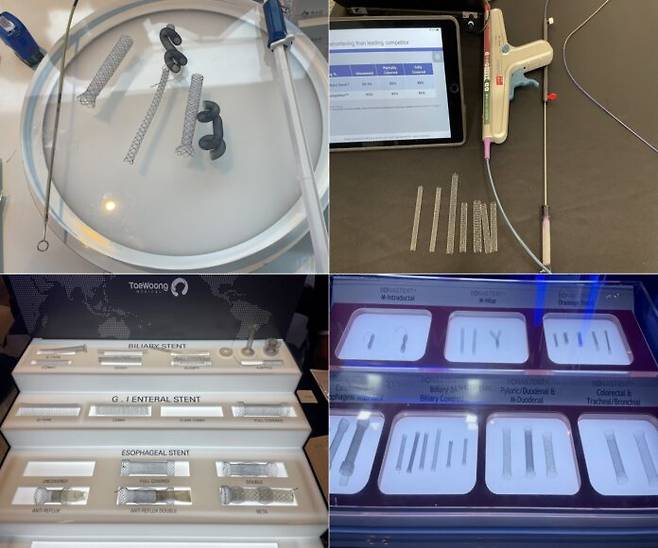 (시계방향으로) △S&G 바이오테크가 개발한 췌장·담도 스텐트. 일반적인 장구 모양이 아닌 용수철 모양의 담도배액술용 스텐트가 특징이다. △제마헬스케어가 개발·판매중인 췌장·담도 스텐트 △태웅이 개발·판매 중인 소화기 스텐트 △스탠다드싸이텍(보나스텐트)이 개발·판매 중인 소화기 스텐트 제품 [사진=최지현 기자]