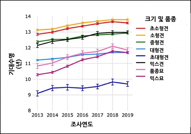 동물 종류, 크기, 품종에 따른 기대수명. 로얄캐닌 제공