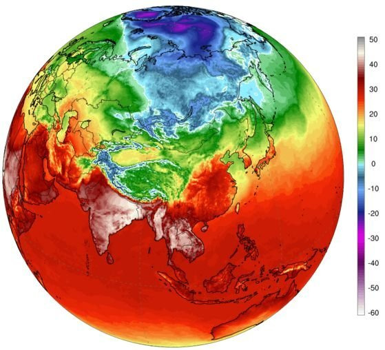 4월 20일 아시아 지역의 최고온도 분포도/사진=Climate Reanalyzer 갈무리