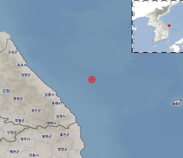 24일 오후 9시 50분 강원 동해시 동북부 58km 해상에서 발생한 지진 위치. 기상청 홈페이지 캡처