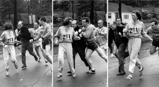 캐서린 스위처는 1967년 미국 보스턴 마라톤 대회에 참가해 방해와 위협에도 불구하고 여성 최초로 풀코스 마라톤을 완주했다. 사진 캐서린 스위처 공식 웹사이트