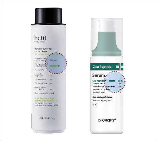 LG생활건강의 화장품 브랜드 빌리프가 출시한 토너(왼쪽)와 토니모리의 화장품 브랜드 닥터오킴스가 출시한 세럼. 두 제품 모두 용기 전면에 막대그래프 형태로 화장품의 성분이 표시돼 있다. 사진 법무법인 바른