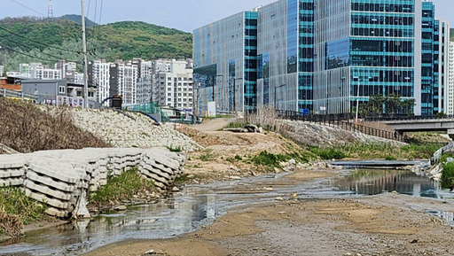 고산택지부근의 부용천 상류 모습. 정비사업이 중단된 채 방치되고 있다. 김동일기자