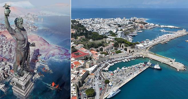 고대 세계 7대 불가사의 중 하나로 알려진 콜로서스 거상(巨像)을 로도스에 다시 만드는 프로젝트가 추진되고 있다. 콜로서스(왼쪽. 조감도)는 그리스 로도스 시민들이 마케도니아와 치른 전쟁해서 승리한 것을 기념해 로도스 항구에 만든 것으로 기원전 226년 지진으로 무너졌다. 새로 만들어질 콜로서스는 135m 이상으로 미국 뉴욕 자유의 여신상 보다 40m 이상 높아서, 지중해의 랜드마크가 될 것으로 기대된다. 오른쪽 사진은 콜로서스가 세워질 로도스항의 전경. / 오종찬 기자