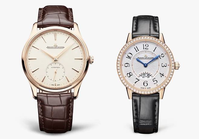 예거 르쿨트르의 '마스터 울트라 씬 스몰 세컨즈'(남성용)와 '랑데부 클래식'(여성용)의 조화. 컬렉션은 다르지만, 서로 잘 어울린다. 사진 예거 르쿨트르