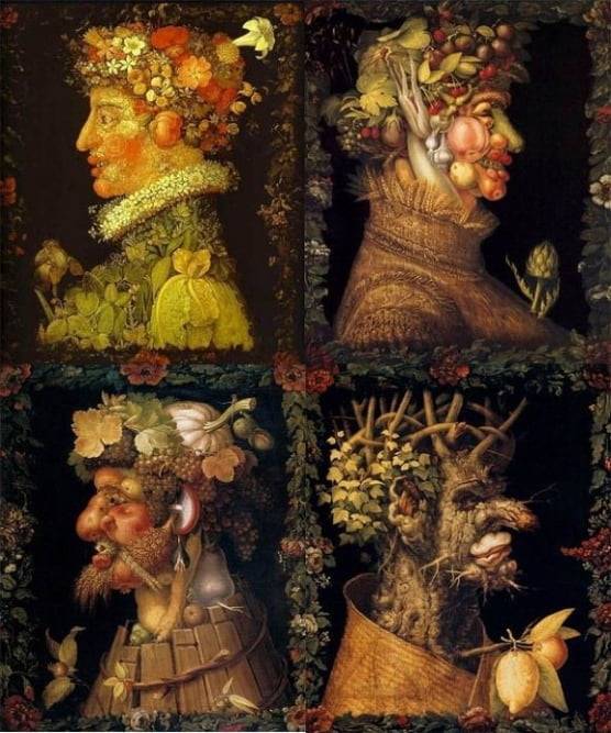 아르침볼도의 사계(1563). 친숙한 과일과 채소는 물론 아메리카 대륙에서 수입한 채소 등 진귀한 것들을 함께 넣어 합스부르크 가문의 부와 영향력을 과시했다. 막시밀리안 2세가 이 작품을 너무 좋아한 덕분에 선물용으로도 여러 점 그려졌고, 덕분에 오늘날까지 일부 작품이 남을 수 있었다.