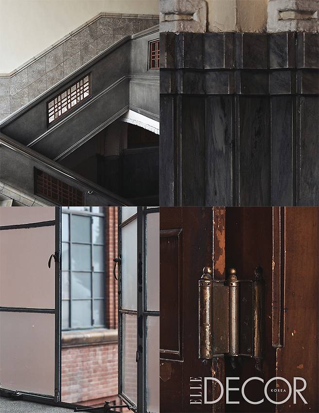 (위부터 시계 방향으로) 1층 로비에서 2층으로 오르는 중앙 계단의 좌우 난간은 모두 인조석 물 갈기로 마감했다. 구조적인 형태가 돋보이는 기둥. 원형이 유지된 후면의 창은 창문의 개방 정도를 조정하고 그 상태로 유지될 수 있게 만든 하단부의 고정장치가 흥미롭다. 문을 180˚로 열 수 있도록 하는 이중 경첩과 문틀에 낸 경첩 모양의 홈.