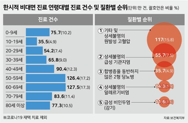 한시적 비대면 진료 연령대별 진료 건수 및 질환별 순위. 그래픽=강준구 기자