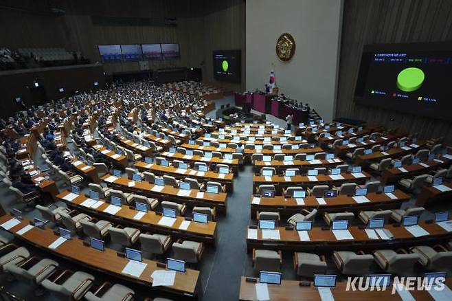 27일 오후 서울 여의도 국회 본회의장에서 열린 제405회국회(임시회) 제5차 본회의에서 간호법안(대안)에 대한 수정안이 재적 300인, 재석 181인, 찬성 179인, 반대 0인, 기권 2인으로 통과되고 있다.