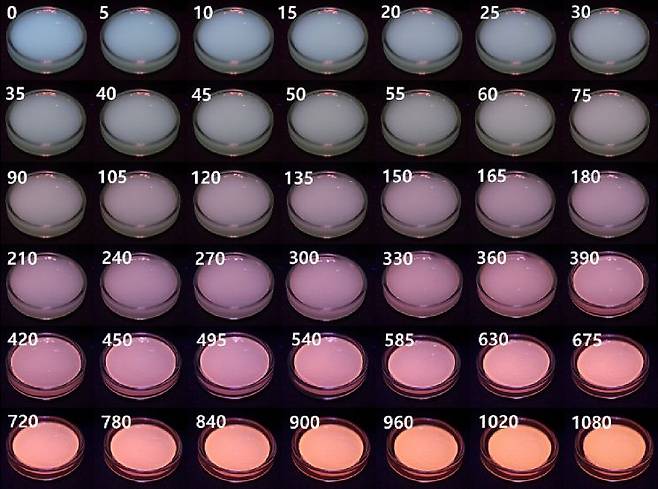 자외선 조사 시간(0~1080분)에 따른 필름 색 변화.