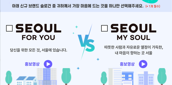 시는 2월 15일부터 3월 16일까지 ‘Seoul, my soul’와 ‘Seoul for you’를 두고 결선투표를 실시했다. 그 결과 ‘Seoul, my soul’가 최종 슬로건으로 선정됐다. [자료 = 서울시 홈페이지]