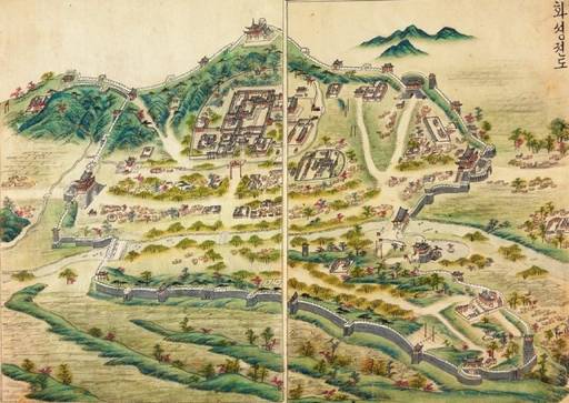 성은 둥그런 모양을 한다. 뎡니의궤 화성전도