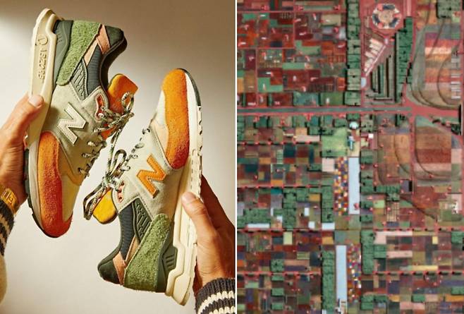뉴발란스의 새로운 스니커즈 '브로드에이커 시티'. 프랭크 로이드 라이트 재단과 협업이다. 미국 건축 거장 프랭크 로이드 라이트가 1935년에 제시한 이상적인 도시 구상인 '브로드에이커 시티'(오른쪽) 이미지에서 영감을 받아 제작했다. [뉴발란스·프랭크 로이드 라이트 재단]