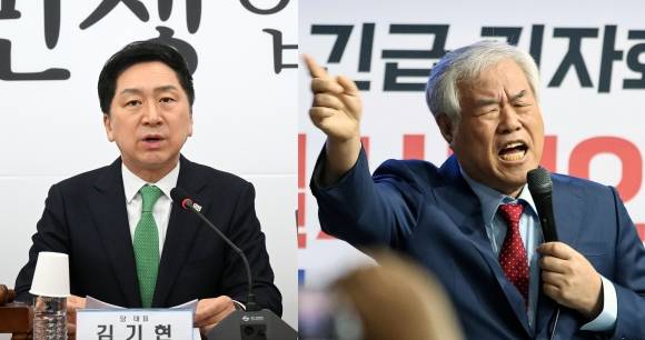 김기현 국민의힘 대표가 13일 서울 여의도 국회에서 열린 최고위원회의에 참석해 모두발언을 하고 있다. 사진 오른쪽은 전광훈 목사. 2023.4.13 오장환 기자·뉴시스