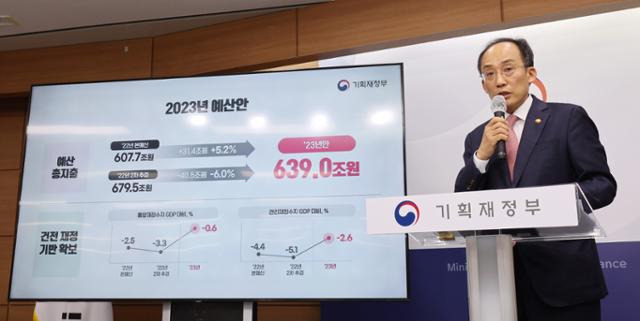 추경호 경제부총리 겸 기획재정부 장관이 지난 25일 세종시 정부세종청사에서 2023년도 예산안과 관련해 상세브리핑을 하고 있다. 연합뉴스