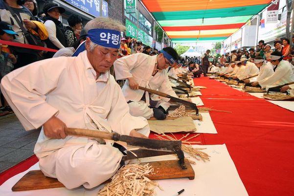 대구약령시 한방문화축제의 간판 행사인 ‘전승기예 경연대회’ 모습. 전통 작두로 한약재를 써는 경연대회다. /대구시