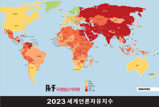 국경없는기자회(RSF)가 3일 발표한 '2023 세계 언론자유지수'에서 한국은 지난해보다 4계단 하락한 47위를 기록했다. RSF는 180개 국가 또는 영토를 대상으로 정치적 맥락, 법적 프레임워크, 경제적 맥락, 사회 문화적 맥락, 안전 등 언론 자유에 복잡한 양상으로 영향을 미치는 다섯 가지 상황별 지표를 사용해 점수를 매겼다. 녹색은 언론자유가 '좋은' 나라(85~100점)이며 노란색은 '양호'(70~85점), 밝은 주황색은 '문제 있음'(55~70점), 진한 주황색은 '나쁨'(40~55점), 진한 빨간색은 '매우 나쁨'(0~40점)이다.)