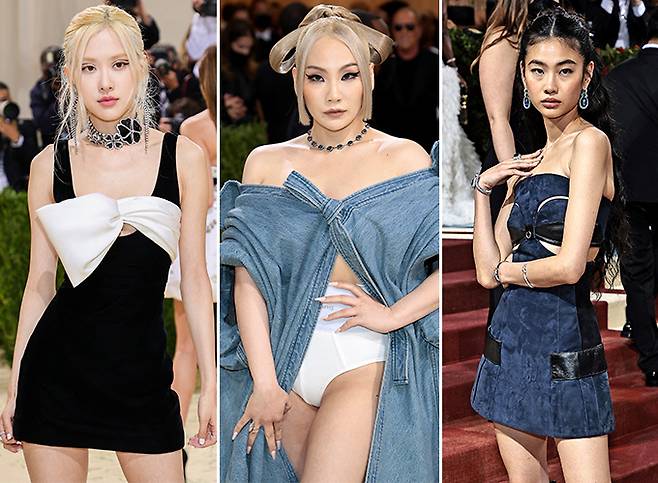 2021년 '멧 갈라'(Met Gala)에 참석한 그룹 블랙핑크 로제, 그룹 2NE1 출신 가수 씨엘(CL)과 지난해 참석한 모델 겸 배우 정호연./AFPBBNews=뉴스1