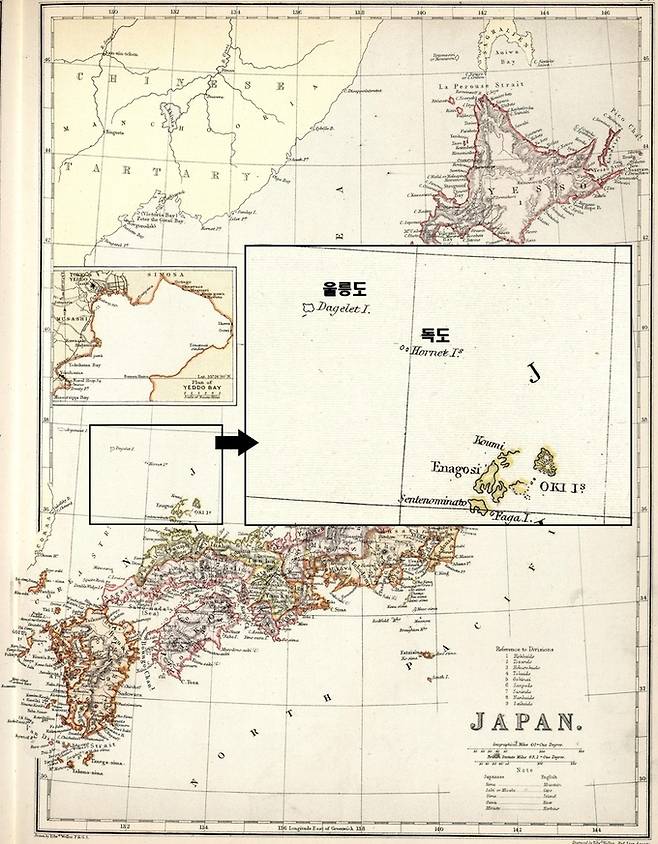 독도재단이 3일 공개한 미국 스탠퍼드대학 도서관에 보관된 일본전도(1882년, 영국). 이 지도에는 울릉도와 독도가 'Dagelet I.'와 'Hornet Is.'라고 표기돼 그려져 있다. 일본 오키섬은 채색돼 있지만 울릉도와 독도는 한반도와 동일하게 채색되지 않았다. 독도재단 제공