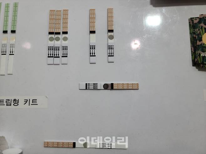 필로폰 양성 반응이 나온 스트립에는 회색 동그라미가 표시됐다.(사진=김영은 수습기자)