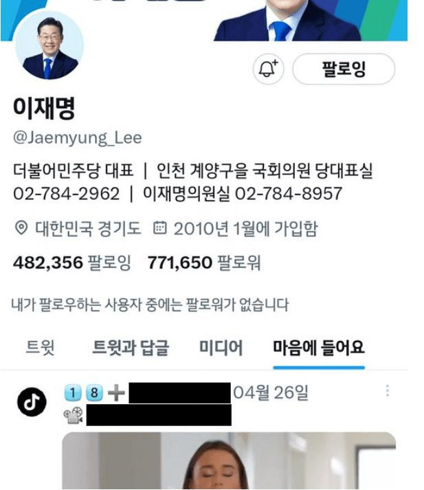 일부 온라인 커뮤니티에는 이재명 대표 트위터 계정이 성인물 영상에 '마음에 들어요' 표시를 했다가 정지 처분을 받은 게 아니냐는 분석이 나왔다. /온라인 커뮤니티