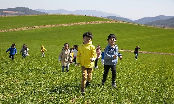 전남 해남군 황산면 연자마을 청보리밭에서 어린이들이 뛰놀고 있다. 지난해 유기농 생태마을로 지정된 연자마을은 청정 자연환경을 활용해 축제를 열고 있다. 해남군 제공