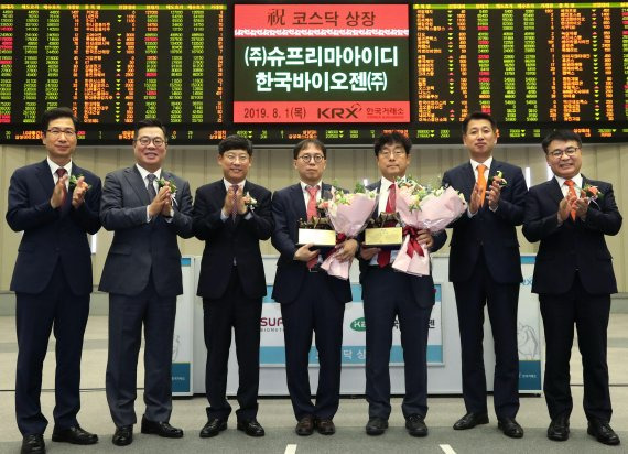 지난 2019년 한국거래소에서 열린 슈프리마아이디 및 한국바이오젠의 코스닥시장 신규상장기념식 전경. fnDB