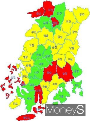 지난 4월 산업재해 세부 경보지도/사진=광주고용노동청 제공.