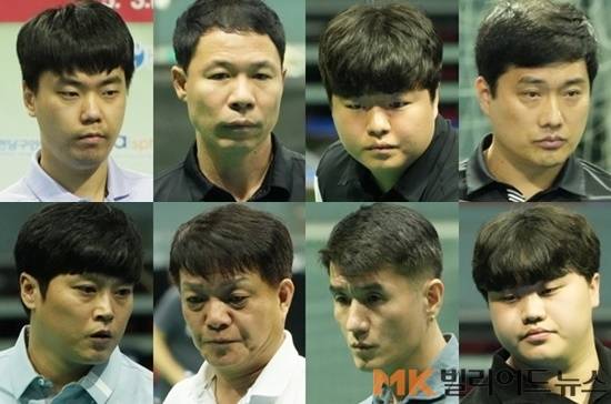 남자 3쿠션에선 (왼쪽부터 시계방향으로)김행직 허정한 조명우 차명종 정예성 강자인 전성일 김동훈이 8강에 올랐다.