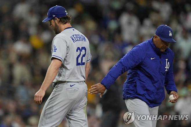 김하성에게 안타를 맞아 4점째 주고 강판하는 다저스 커쇼  [AP=연합뉴스]