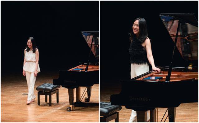 피아니스트 손열음이 모차르트 피아노 소나타 전곡 리사이틀 첫날인 2일 예술의전당 콘서트홀 공연 1, 2부에서 관객에게 인사하고 있다. 파이플랜즈 제공