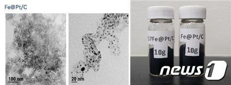 전자선 조사 수소연료전지 촉매소재 투과전자현미경 사진(왼쪽)과 제조분말 시제품. (원자력연 제공) /뉴스1