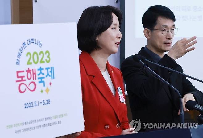 중기부, 5월 '2023 동행축제' 브리핑 (서울=연합뉴스) 홍해인 기자 = 이영 중소벤처기업부 장관이 21일 정부서울청사 별관 브리핑실에서 5월 예정된 국내 최대 규모의 중소기업·소상공인 제품 소비 촉진 행사인 '함께하면 대박나는 2023 동행축제' 기자 설명회에 참석해 발언하고 있다. 
    중소벤처기업부는 올해로 4년차인 동행축제를 판촉 중심의 소비 캠페인에서 전국 방방곡곡의 경기 진작을 위해 온 국민이 작은 소비부터 큰 투자까지 힘을 모으는 '온 국민, 힘 모으기' 캠페인으로 발전시켜 내달 1∼28일 개최한다고 밝혔다. 2023.4.21 hihong@yna.co.kr