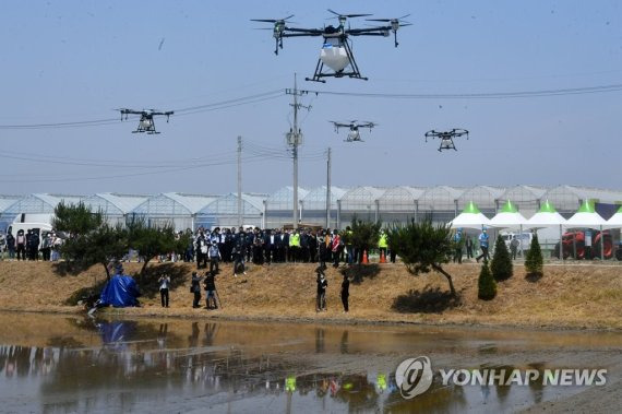 드론 이용한 농약 살포 (이천=연합뉴스) 24일 경기 이천시 율면농협 육묘장에서 열린 '드문 모심기 농작업대행 시연회'에서 드론를 이용한 논 방제작업 시연이 진행되고 있다. 2022.5.24 [경기사진공동취재단] stop@yna.co.kr (끝) /사진=연합뉴스