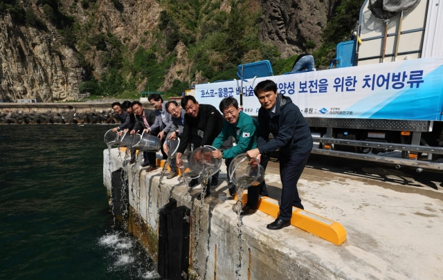 포스코와 울릉군이 바다숲 생물다양성 보전을 위해 치어를 방류하고 있다. 포스코 제공