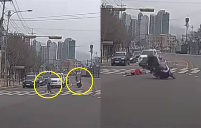 1년 3개월 전 발생한 스쿨존 오토바이 사고. 미성년자가 운전하던 오토바이가 횡단보도를 건너던 어린이 2명을 덮쳐 각각 전치 8주, 12주의 중상해를 입혔다. 한문철TV 캡처